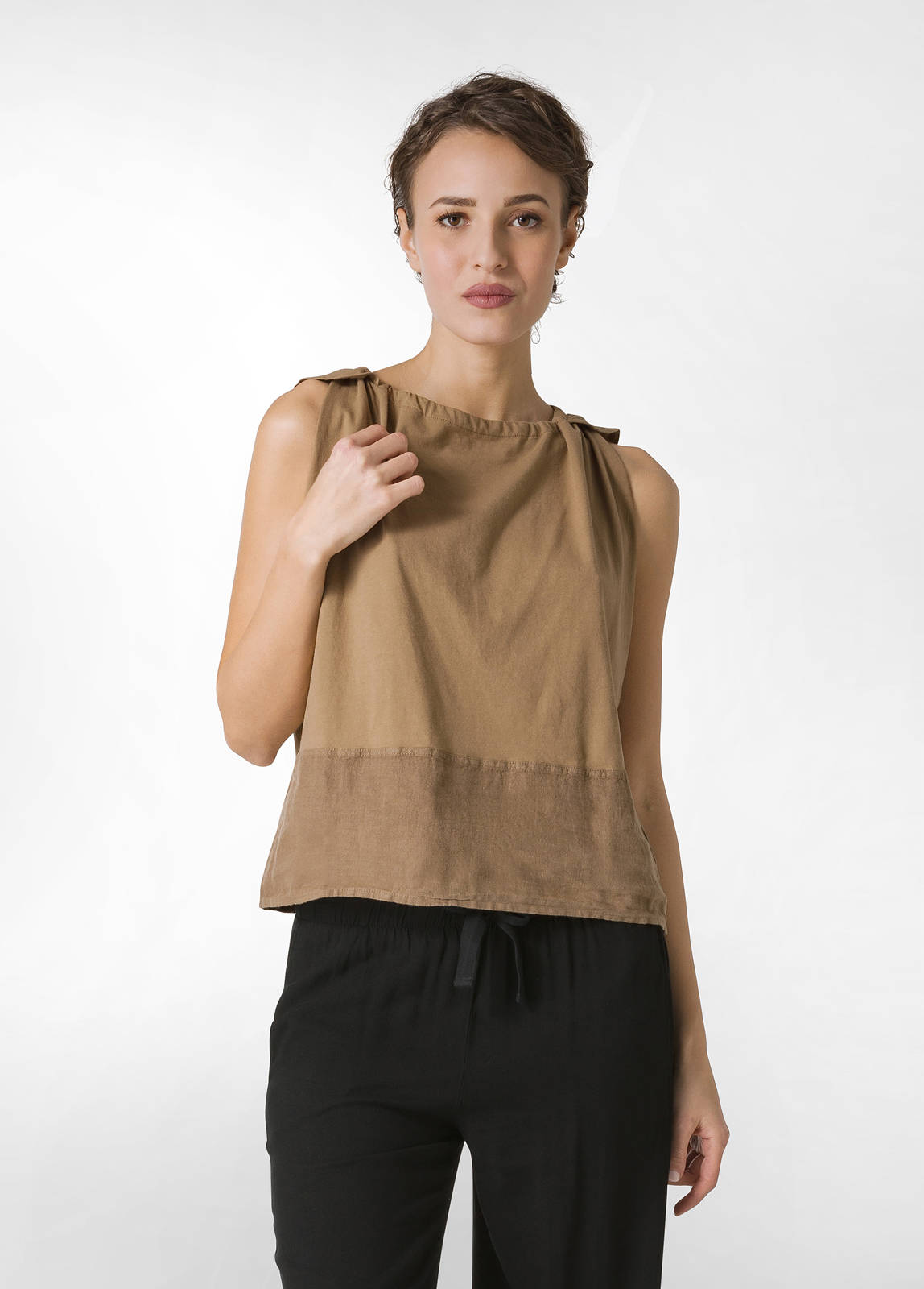 Deha Deha - BLUSA CON INSERTO IN LINO - ALMOND BROWN