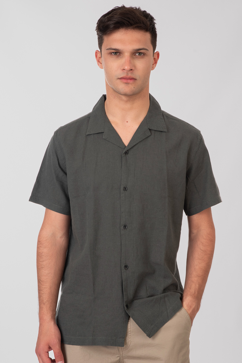 Rebase Rebase - SHIRTS BYRON COLLAR SHORT SLEEVE LINEN BLEND (RELAXED FIT) - MIDNIGHT MOSS