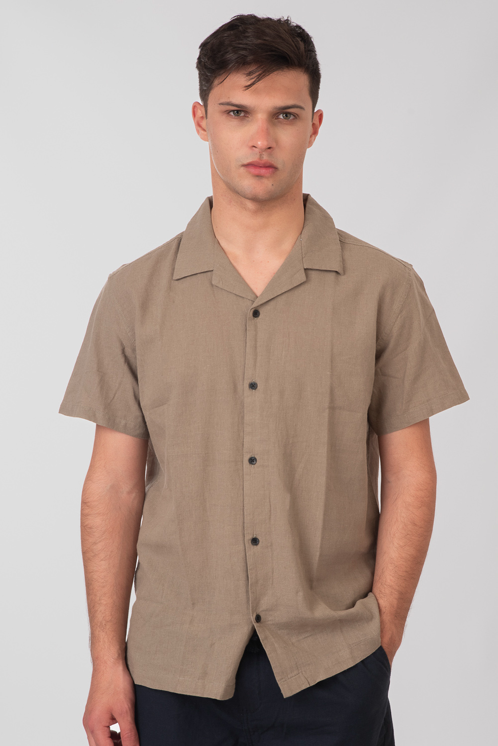 Rebase Rebase - SHIRTS BYRON COLLAR SHORT SLEEVE LINEN BLEND (RELAXED FIT) - OLIVE HAZE