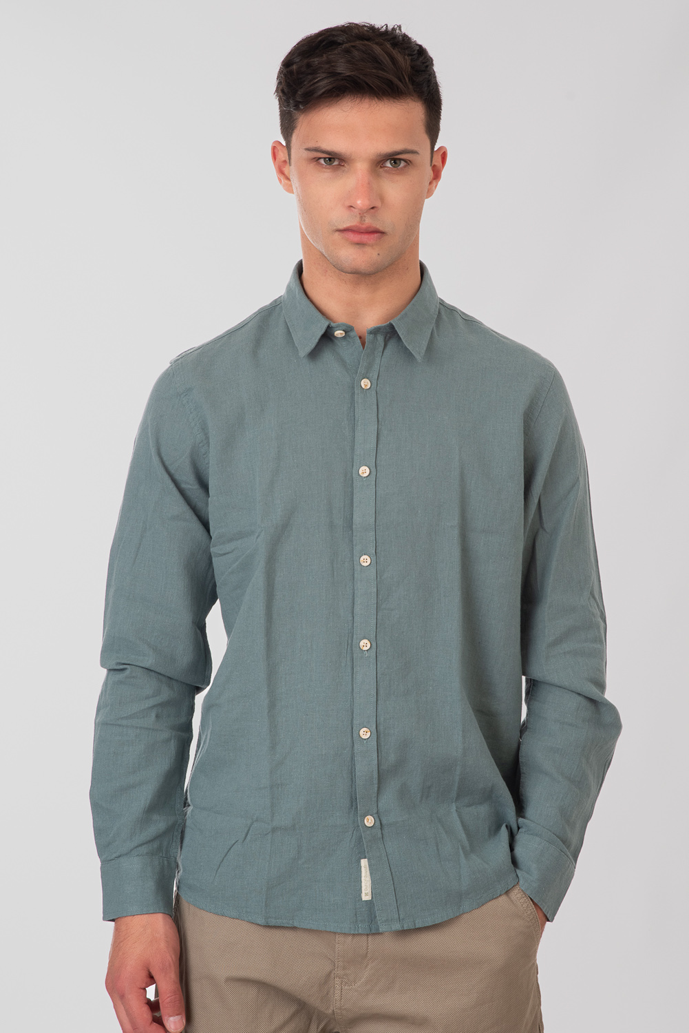 Rebase Rebase - SHIRTS STANDARD COLLAR LONG SLEEVE LINEN BLEND - TEAL GREEN